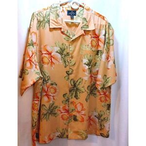 Bermuda Bay Mens Button Down Hawaiian Silk Shirt Sz LG Peach Floral Short Sleeve